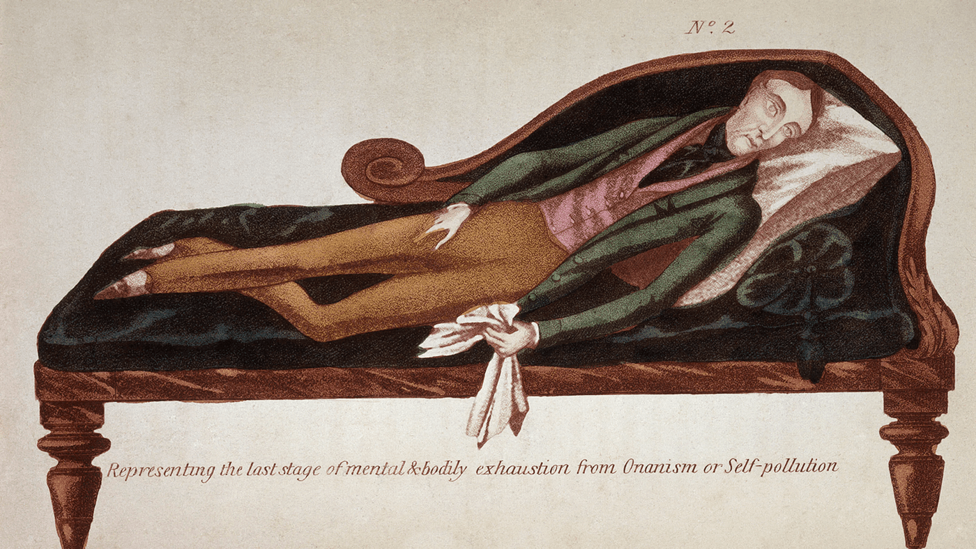 Timeline showing the historical origins of masturbation myths from 18th century moral panic to modern scientific understanding