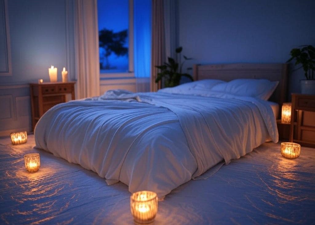 Ideal environment for masturbating without porn: bedroom with soft lighting, candles, and sensory elements for enhanced porn-free masturbation experience