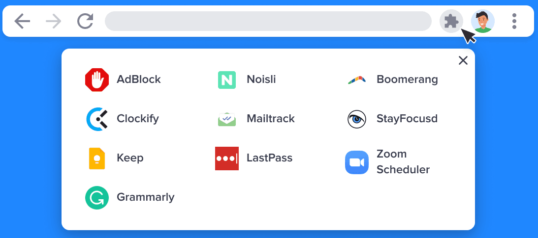 Various browser extensions for Website Blocker Setup showing their interfaces and features