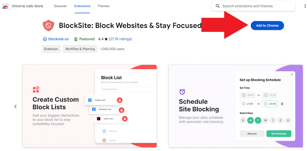 Chrome BlockSite extension Website Blocker Setup process
