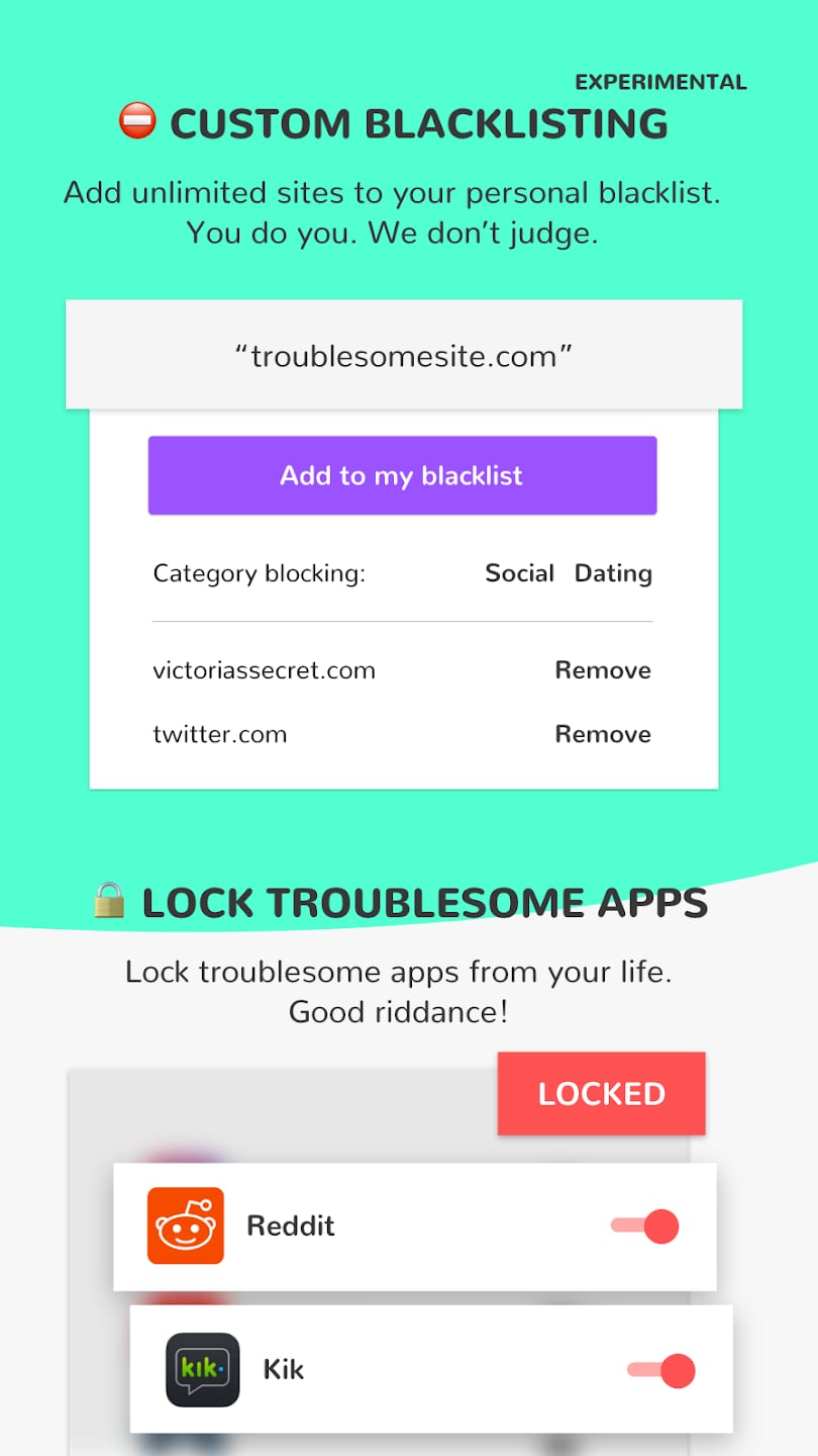 DETOXIFY app interface showing blocking features
