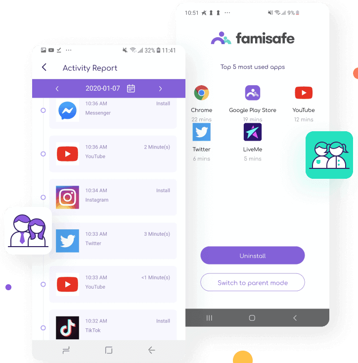 FamiSafe app interface showing family protection features