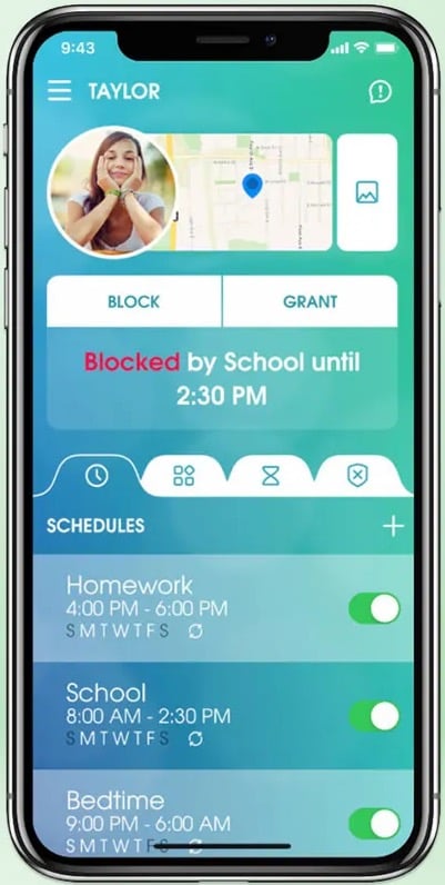 OurPact app interface showing parental control features