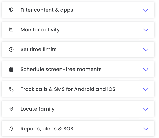 Qustodio app interface showing comprehensive features