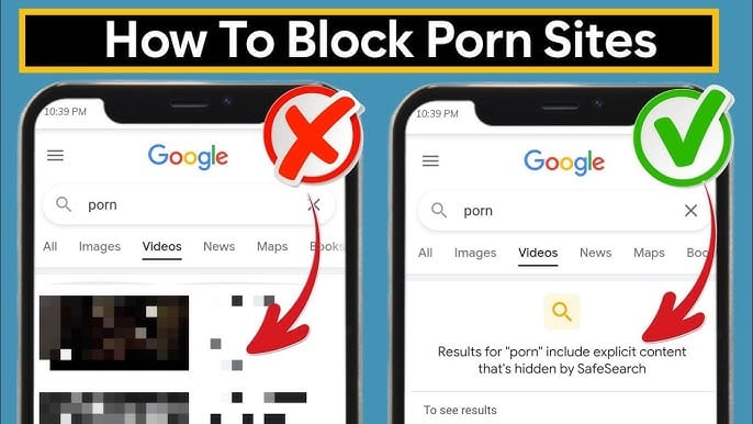 Visual comparison of browsing with and without Chrome porn blockers