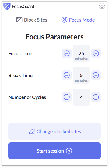 FocusGuard interface showing productivity features and content blocking capabilities