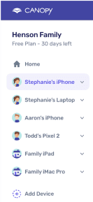 Canopy software interface showing content filtering and protection features