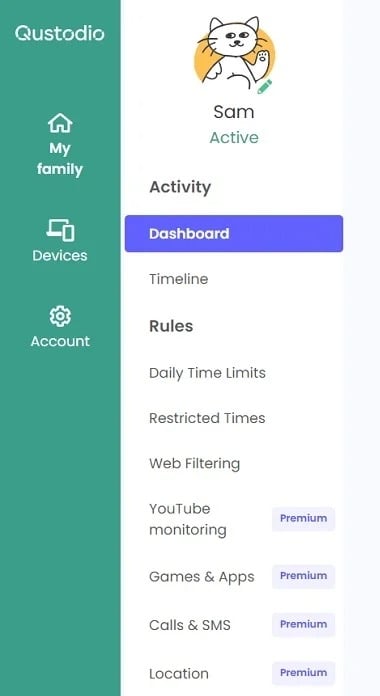 Qustodio interface showing monitoring and protection features