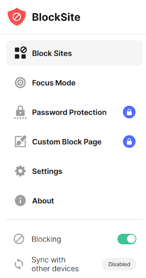 BlockSite's user interface and settings panel