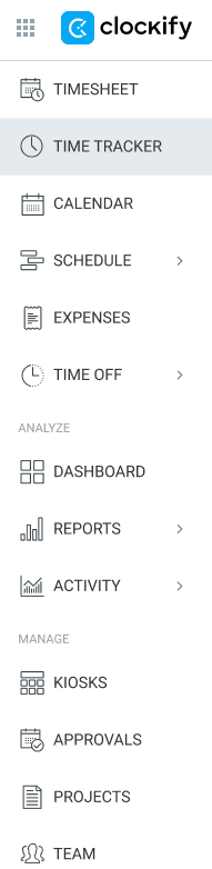 Clockify productivity tracker interface showing time tracking and reporting dashboard