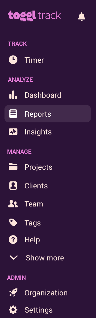 Toggl Track productivity tracker interface showing time tracking and reporting features