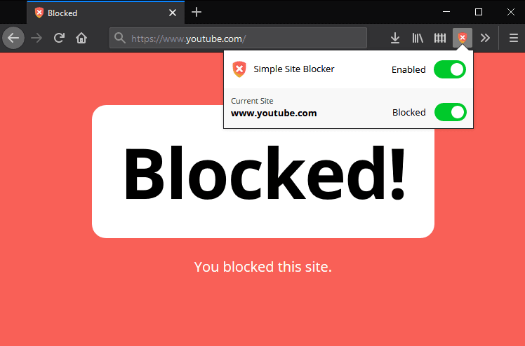 Screenshot of a browser extension blocking a site