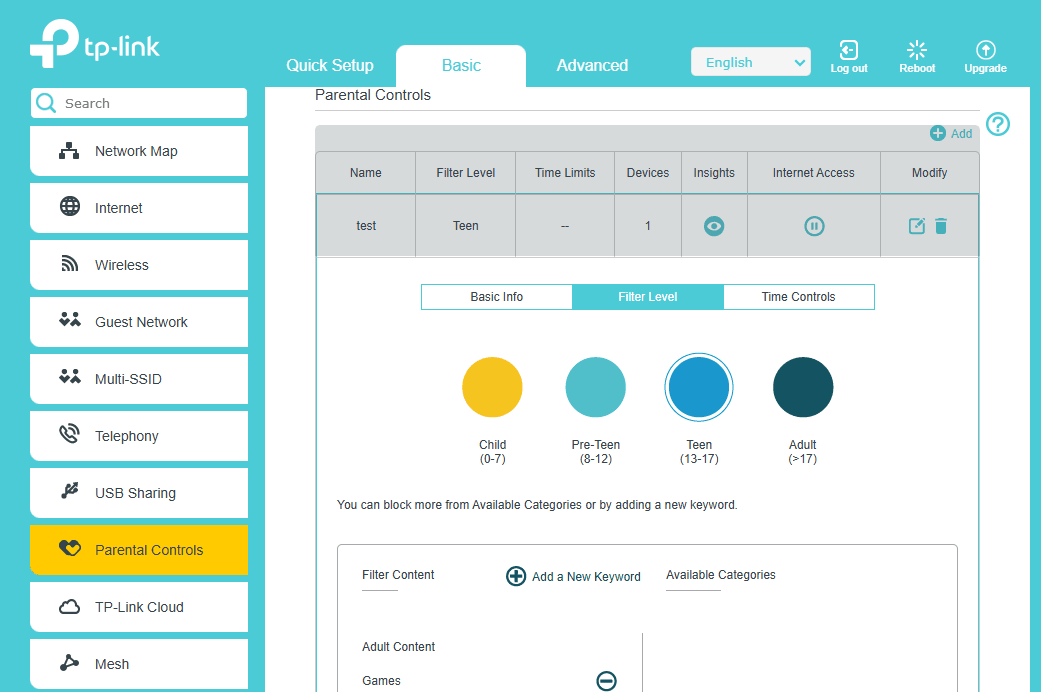 Router settings page with parental controls